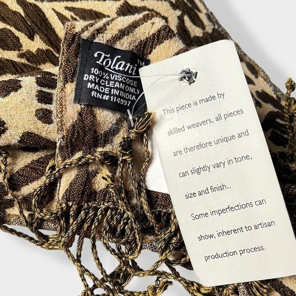 Tolani Vintage Animal Print Scarf Fringe Brown Tan 74x9 - Picture 4 of 9